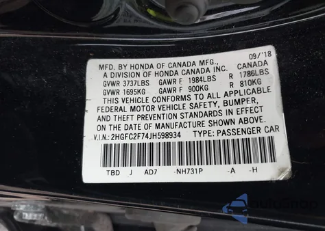 2018 Honda Civic Ex z USA, uszkodzony, nr VIN 2HGFC2F74JH598934